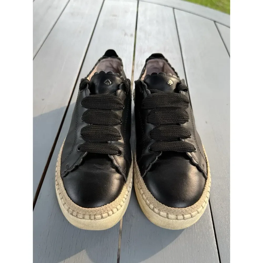 Kate Spade Lena Black Leather Scalloped Espadrille Sneakers Women Size 8M